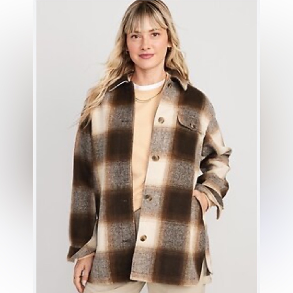 NWT Old Navy Brushed Shacket Brown & Cream Sz Small